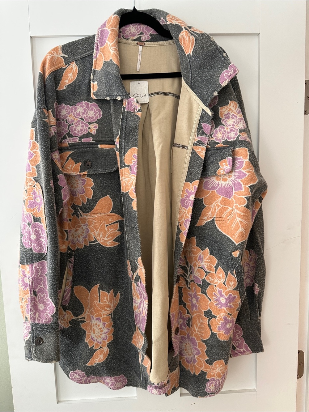 Free People Floral Utility Shacket - Gray with Peach & Lilac 07